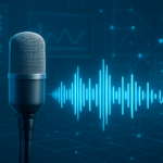 A microphone in front of a digital sound wave visualization, illustrating voice AI technology.