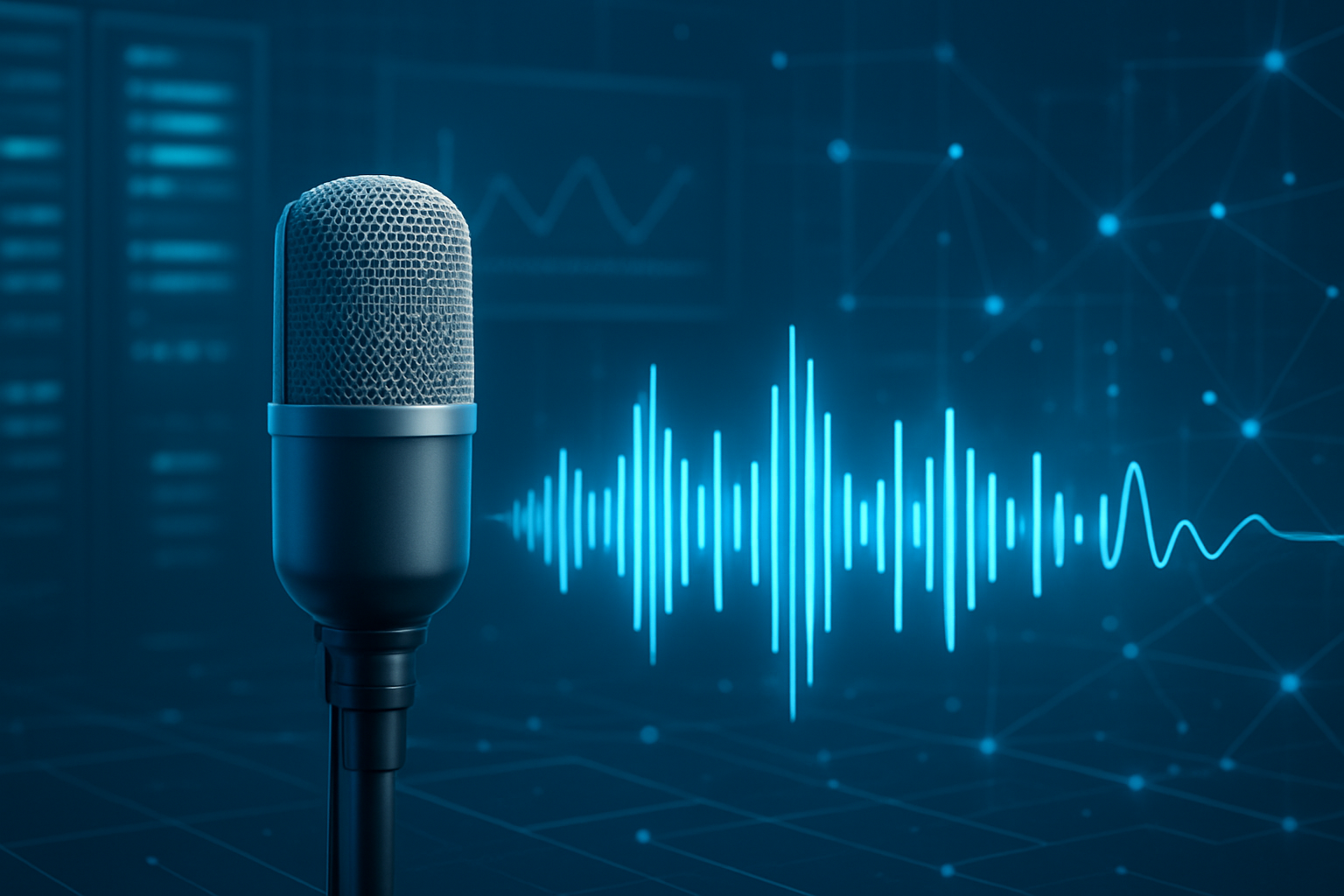 A microphone in front of a digital sound wave visualization, illustrating voice AI technology.