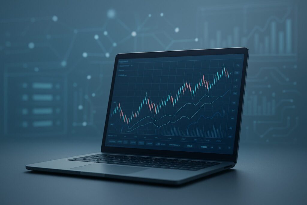 A laptop displaying trading charts against a dark, technical background.