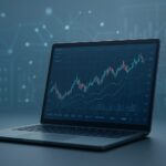 A laptop displaying trading charts against a dark, technical background.
