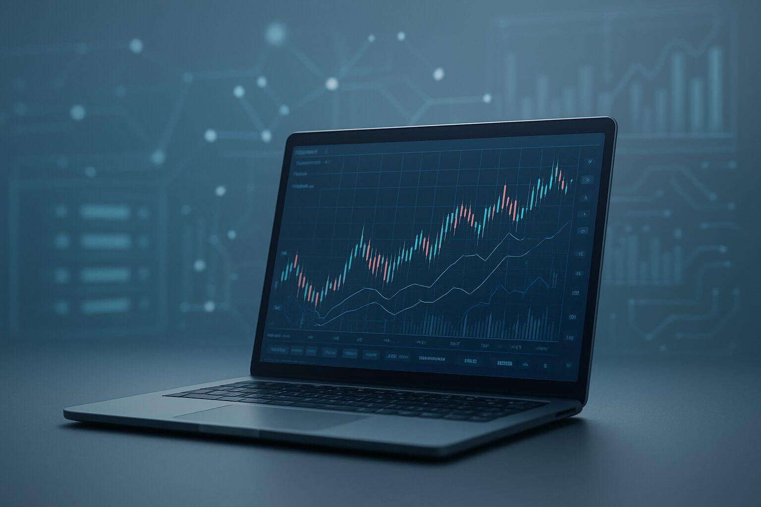 A laptop displaying trading charts against a dark, technical background.