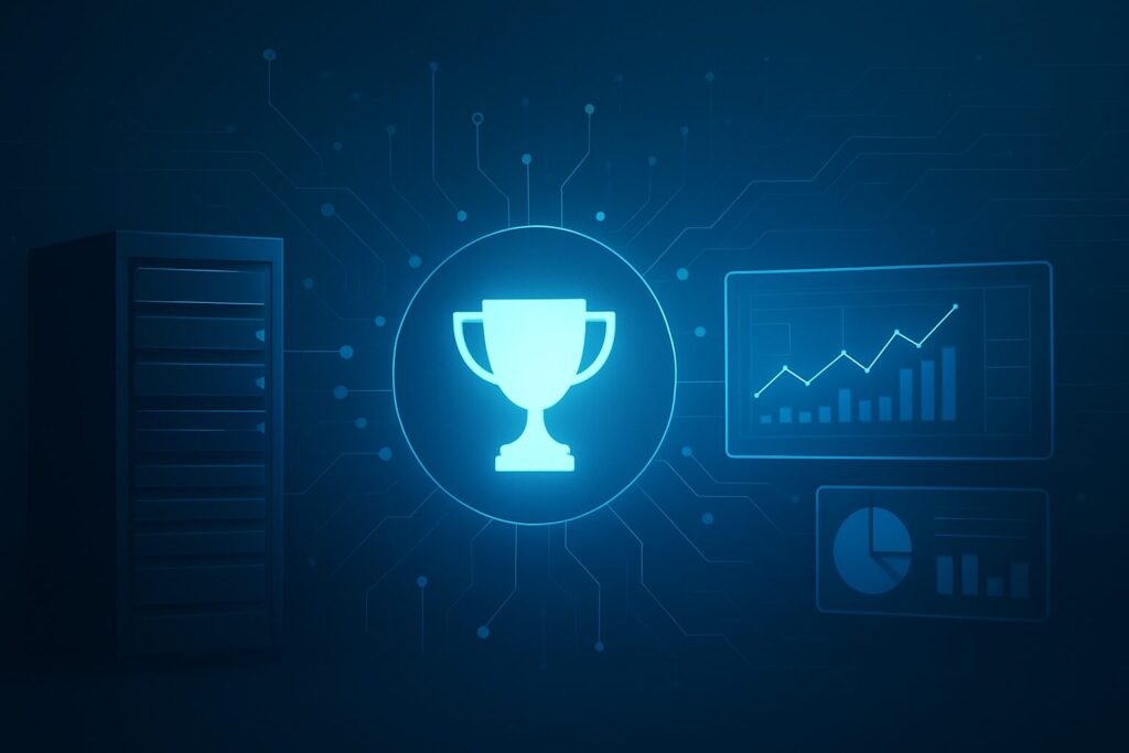 A digital trophy icon illuminated on a blue background, surrounded by circuit patterns and graphical data displays.