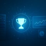 A digital trophy icon illuminated on a blue background, surrounded by circuit patterns and graphical data displays.