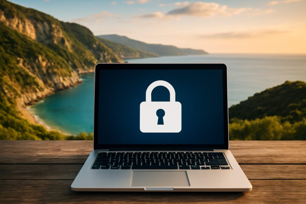A laptop displaying a lock icon in a scenic outdoor setting near the coast
