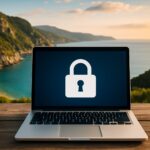 A laptop displaying a lock icon in a scenic outdoor setting near the coast