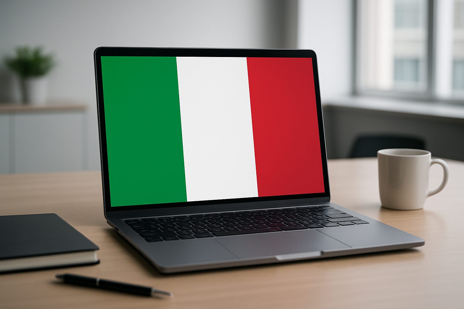 A laptop with the Italian flag displayed on the screen, placed on a desk with a notebook and a coffee mug beside it.